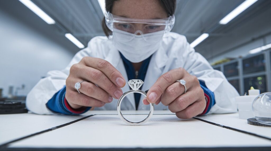 a super real image of a person attaching diamond on ring