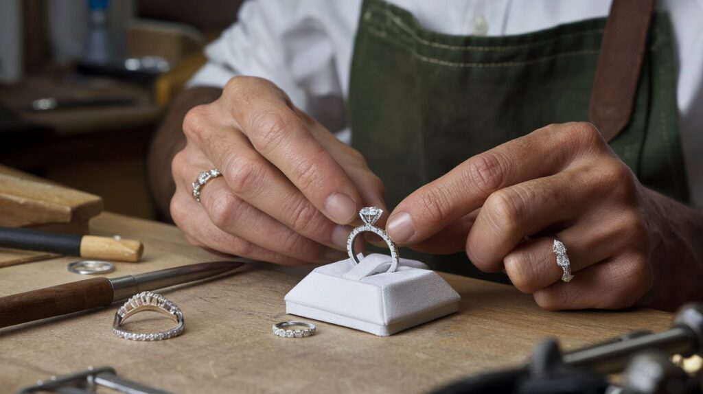 a super real photo of a jeweler carefully working on diamond ring